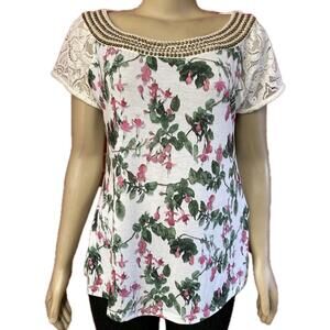 FERNANDO PRADO SAÕ PAULO Women’s  Top blouse lace Short Sleeves Beaded Neck M #C